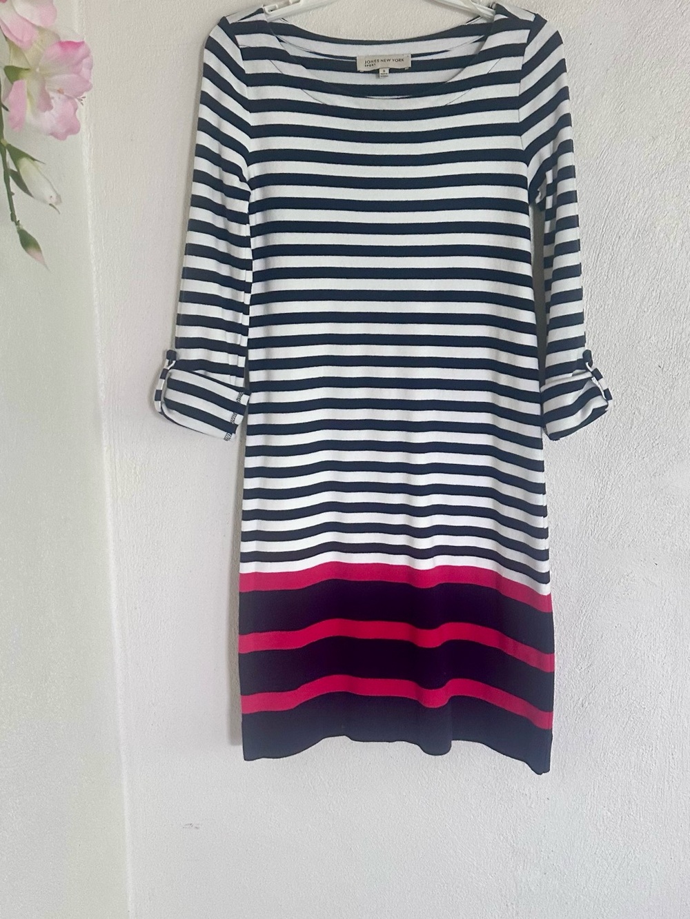 Jones New York Sport Navy, White & Red Nautical Striped Midi Dress Size Small